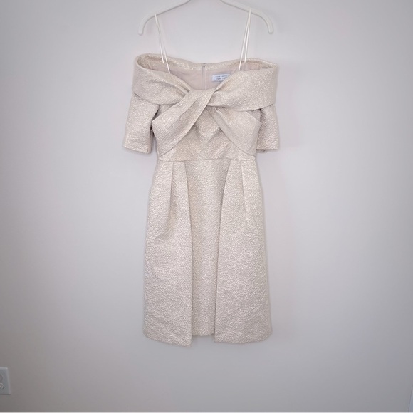 Rickie Freeman Teri Jon METALLIC JACQUARD OFF THE SHOULDER  PLEATED DRESS - Picture 7 of 15